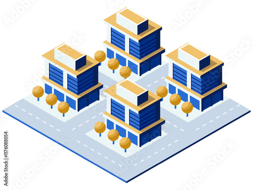 Isometric city district featuring office buildings, roads, and trees, representing urban planning and development