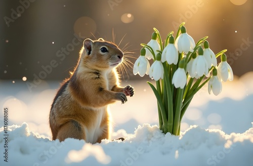 A cute marmot is standing in the snow near sprouted snowdrops photo