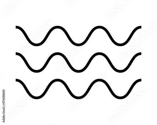 Wave or water icon. Undulated parallel horizontal black lines isolated on white background. Ocean, sea, river or lake symbol. Air, wind, flow or stream pictogram. Vector graphic illustration.