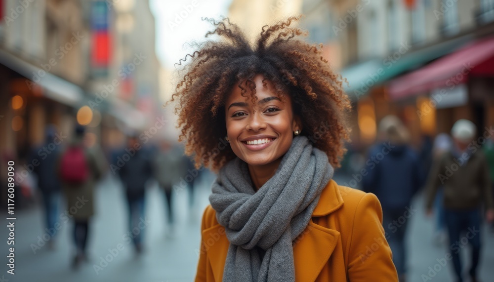 Fototapeta premium A cheerful young woman with beautiful curly hair and a cozy gray scarf stands confidently in a lively urban street. Her radiant smile captures the essence of joy and connection amidst the vibrant