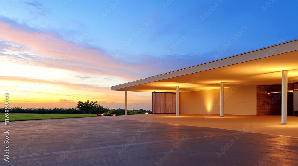 Fototapeta premium Modern architectural design at sunset with open space.