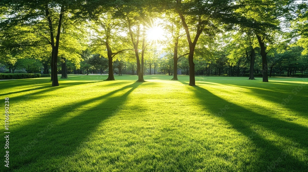 Obraz premium Dew-drenched green grass in a serene morning setting, with warm sunlight casting gentle shadows.
