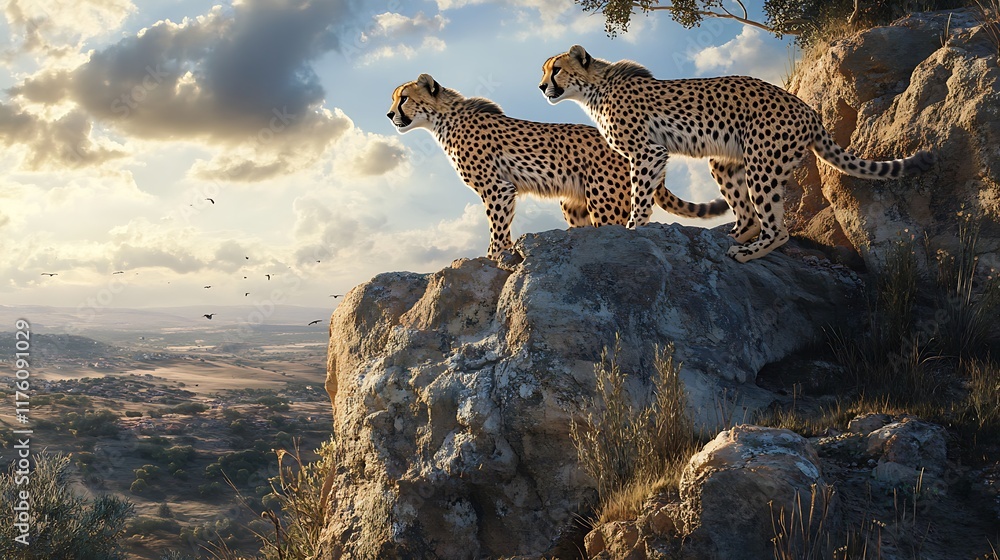Obraz premium Majestic Cheetahs on a Clifftop at Sunset