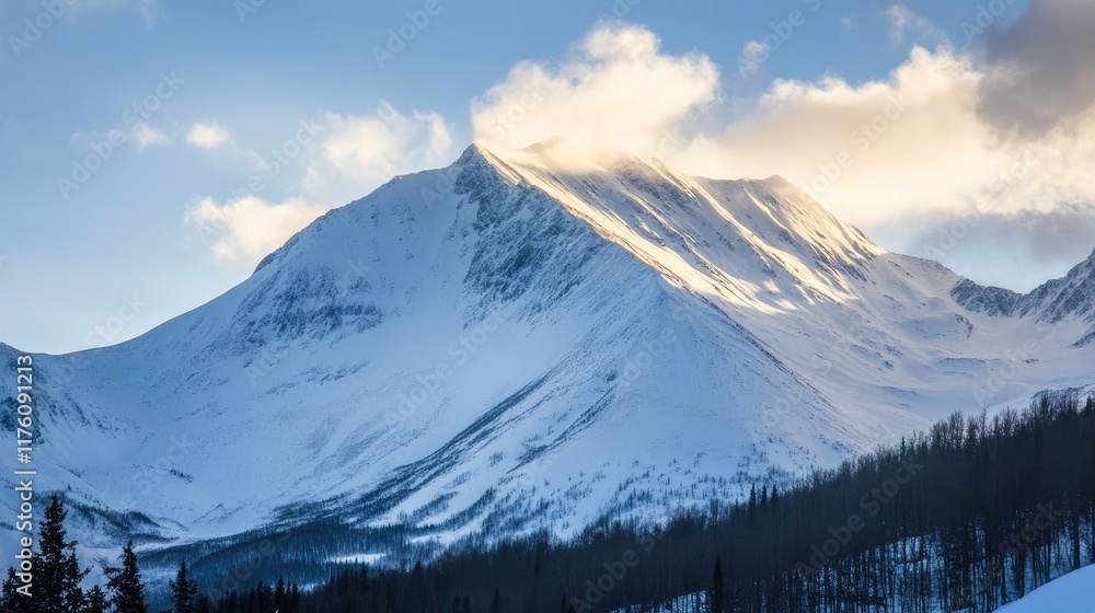 The sunlight highlights the jagged edges of snowy mountains, creating a dramatic and stunning landscape. The sunlight highlights the jagged edges of snowy mountains, creating a dramatic and stunning landscape.