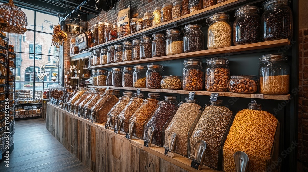 Obraz premium Retail shelves - product stock, store collection, window presentation, vast inventory, shopping variety, merchandise display, consumer goods, aisle arrangement, shop setup, broad selection.