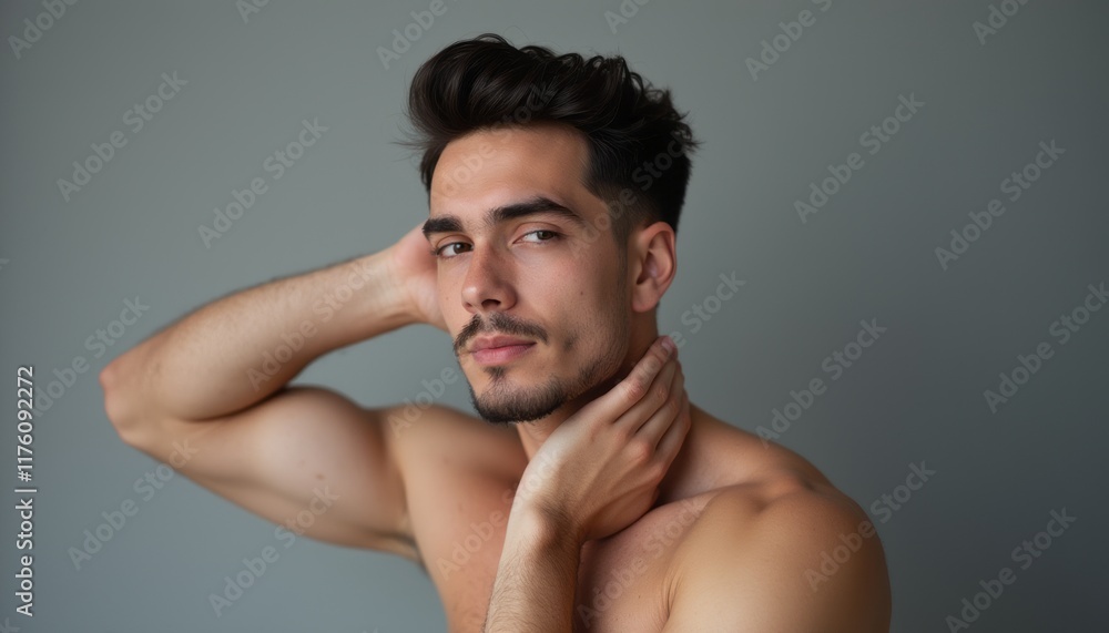 A handsome young man with a chiseled jawline and tousled hair poses confidently against a muted gray background. His expression exudes charm and self-assurance, highlighting his strong physique and A handsome young man with a chiseled jawline and tousled hair poses confidently against a muted gray background. His expression exudes charm and self-assurance, highlighting his strong physique and