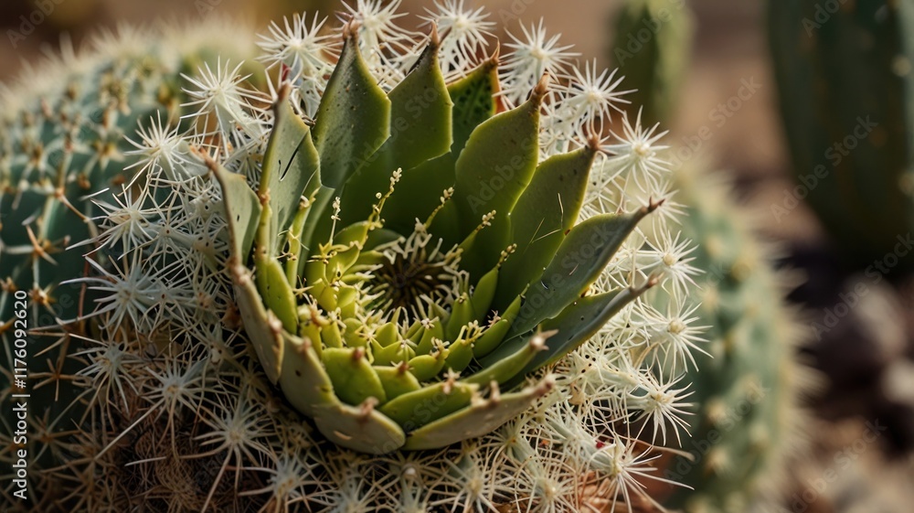 Close-up of a succulent plant with radiating leaves and white spines. Close-up of a succulent plant with radiating leaves and white spines.