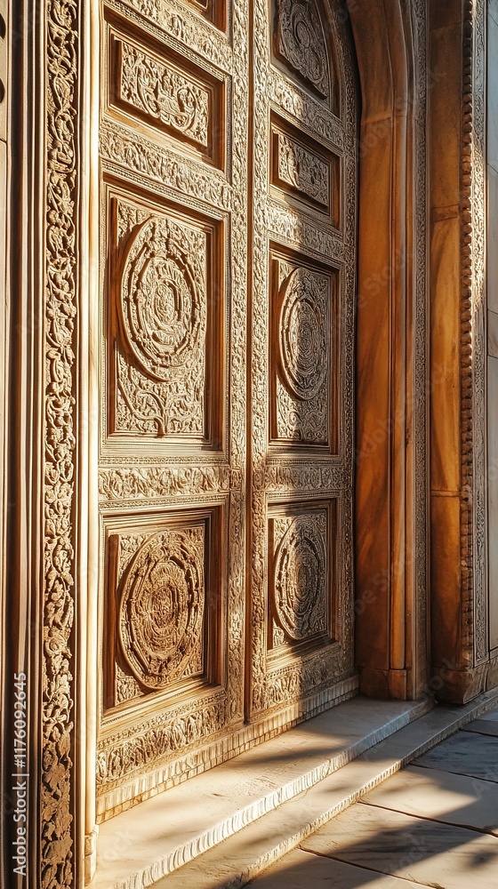 Ornate carved wooden door with intricate details. Ornate carved wooden door with intricate details.