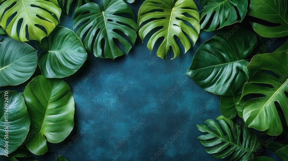 Fototapeta premium Lush green leaves arranged on a textured blue background, creating a vibrant natural aesthetic.