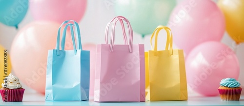 Pastel gift bags and cupcakes on a festive background. photo