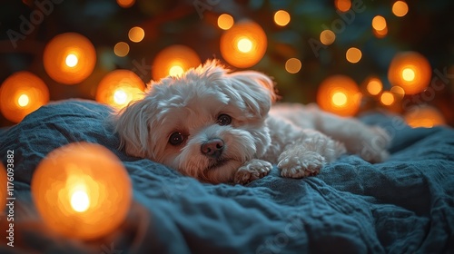 A Magical Nighttime Setting with a Bichon Frise Resting on Glowing Cushions