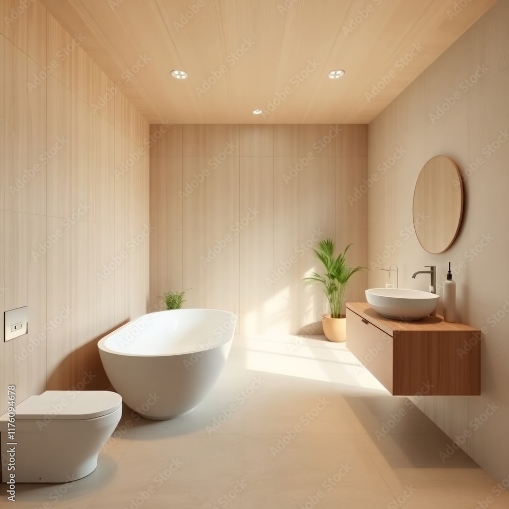 A modern and minimalist bathroom that exudes tranquility and elegance. Bathtub. Vanity Area. Toilet. Natural Light. Wood Elements. Flooring A modern and minimalist bathroom that exudes tranquility and elegance. Bathtub. Vanity Area. Toilet. Natural Light. Wood Elements. Flooring