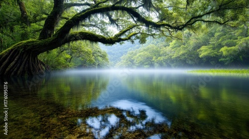 Serene forest landscape with a calm lake and lush greenery.