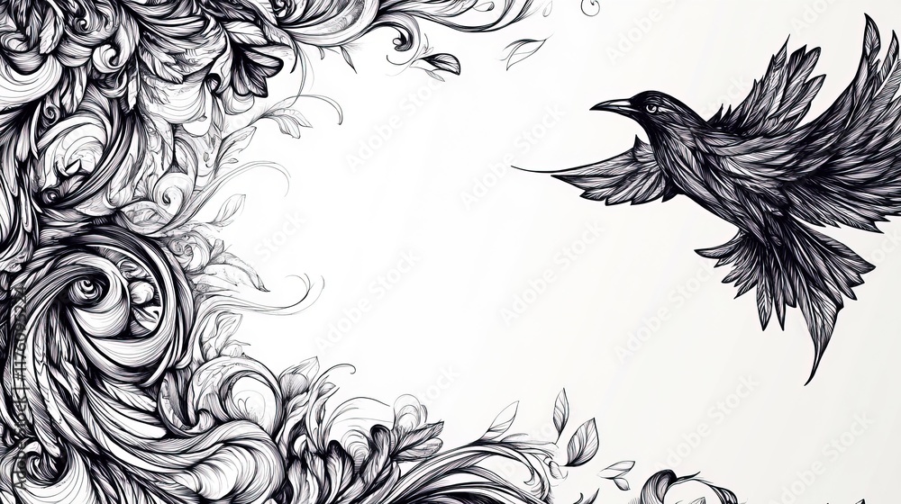 Fototapeta premium Raven flying near floral ornament sketch.