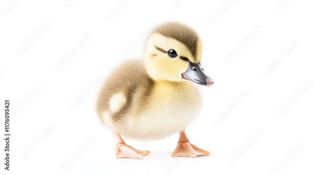 A cute, fluffy duckling standing on a white background.