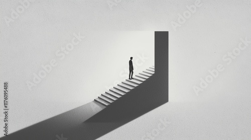 Man descending stairs in fear of darkness surreal illustration indoor minimalist conceptual art photo