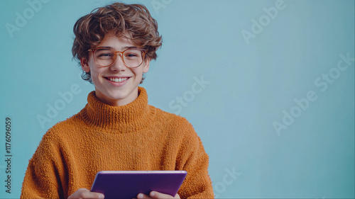 Cheerful student young man or teen with digital tablet in orange sweater, Modern education lifestyle portrait with positive expression