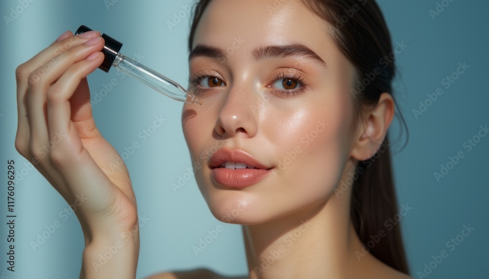 A beautiful young woman with glowing skin holds a dropper bottle close to her face, showcasing a radiant complexion. The soft lighting highlights her natural beauty, emphasizing the skincare routine A beautiful young woman with glowing skin holds a dropper bottle close to her face, showcasing a radiant complexion. The soft lighting highlights her natural beauty, emphasizing the skincare routine