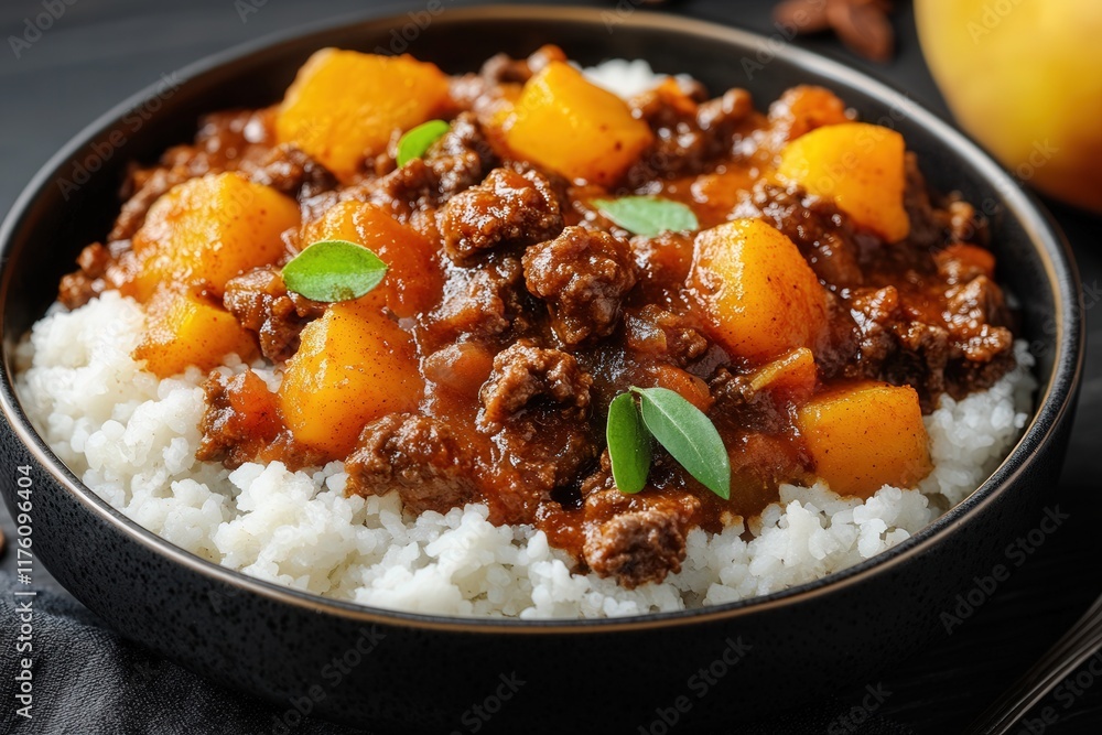 Spicy beef and pumpkin stew served over rice. Spicy beef and pumpkin stew served over rice.