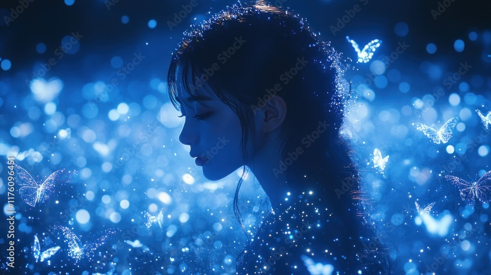 Serene woman amidst glowing blue butterflies. Serene woman amidst glowing blue butterflies.