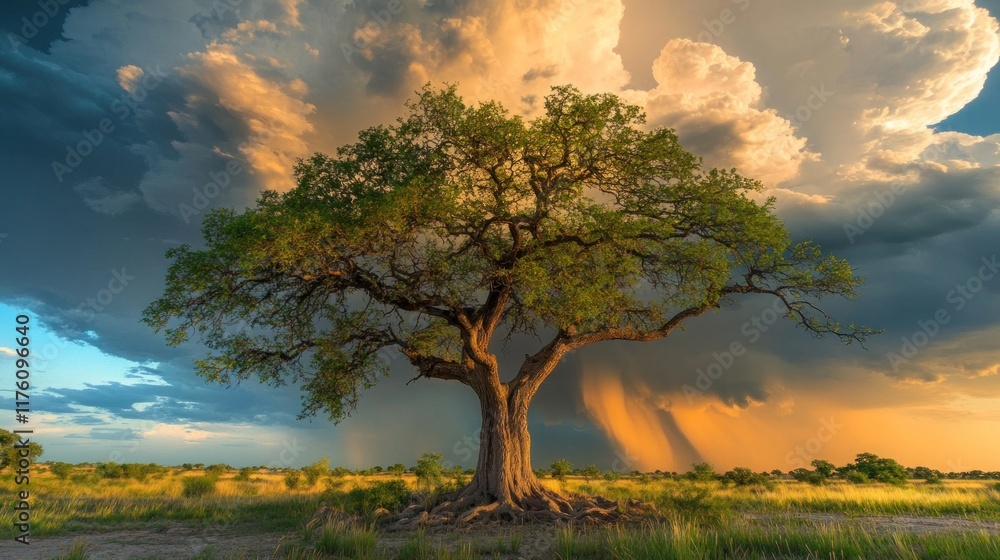 Fototapeta premium A strong oak tree with deep roots, set against a dramatic stormy sky with swirling clouds 