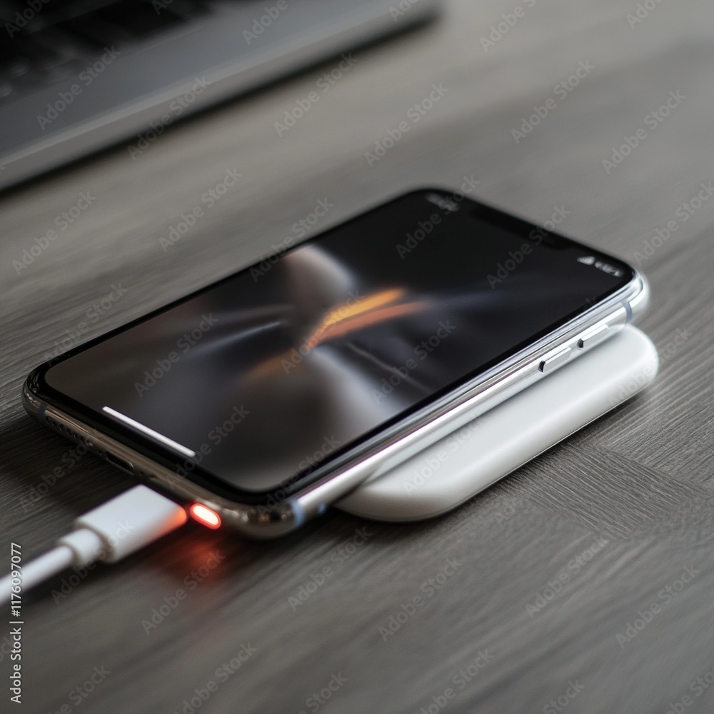 Smartphone charging wirelessly on a desk. Smartphone charging wirelessly on a desk.