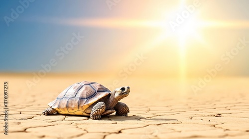 A tortoise on cracked earth under a bright sun. photo