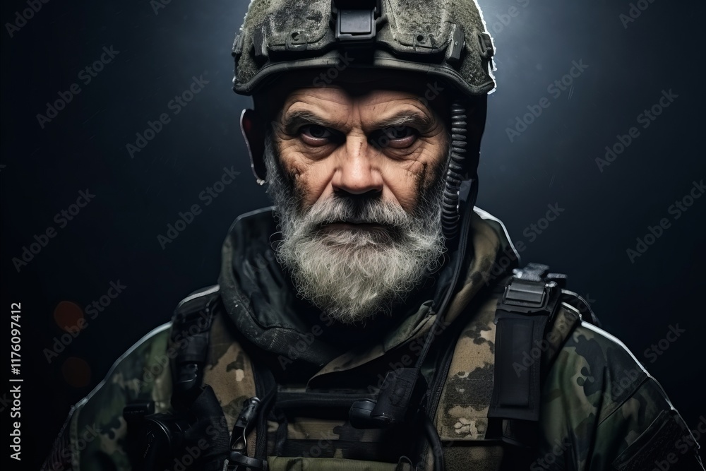 Portrait of an old soldier with a beard and mustache. Studio shot. Portrait of an old soldier with a beard and mustache. Studio shot.