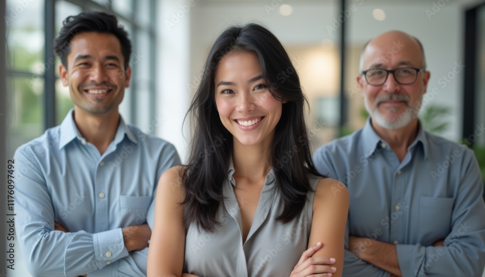 A diverse group of three professionals stands confidently in a modern office setting, exuding positivity and teamwork. The young woman in the front beams with a bright smile, flanked by a middle-aged A diverse group of three professionals stands confidently in a modern office setting, exuding positivity and teamwork. The young woman in the front beams with a bright smile, flanked by a middle-aged