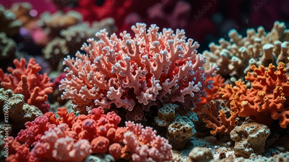 Obraz premium Vibrant coral reef, close-up view of various coral formations.