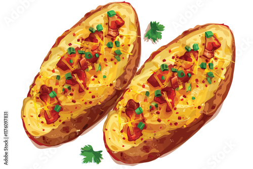 Bacon and Cheddar Stuffed Potato Skins isolated illustration