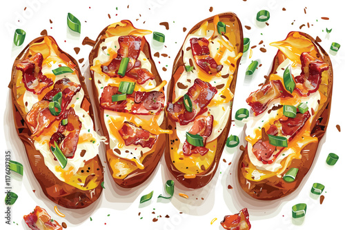 Bacon and Cheddar Stuffed Potato Skins isolated illustration