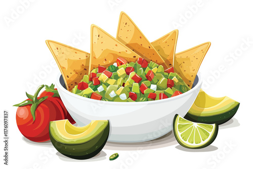 Avocado Salsa with Tortilla Chips isolated illustration