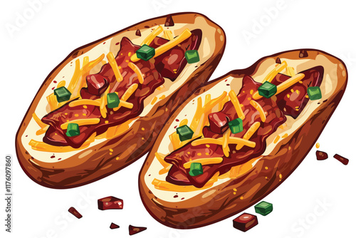 Bacon and Cheddar Stuffed Potato Skins isolated illustration