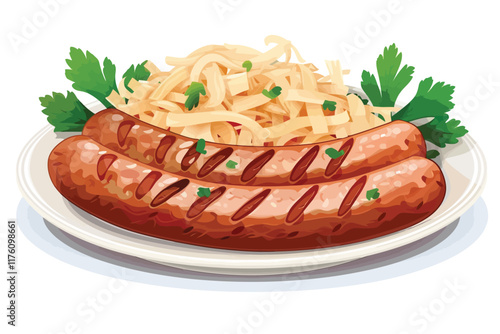 Juicy Bratwurst Bites with Sauerkraut isolated illustration