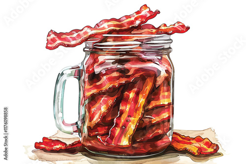 Maple-Glazed Bacon Strips in a Mason Jar isolated illustration