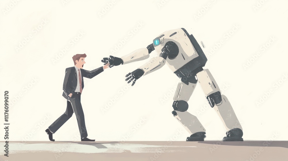 AI robot extending its hand to help and support human work, with human character wearing business attire holding head with confused expression AI robot extending its hand to help and support human work, with human character wearing business attire holding head with confused expression