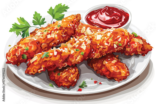 Parmesan-Crusted Chicken Fingers with Marinara isolated illustration