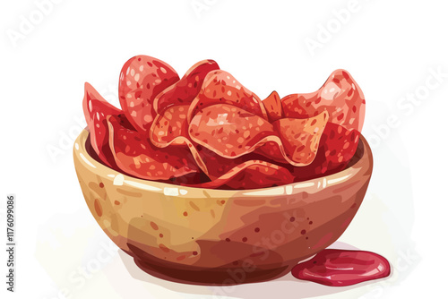 Pepperoni Chips Served with Cheese Sauce isolated illustration