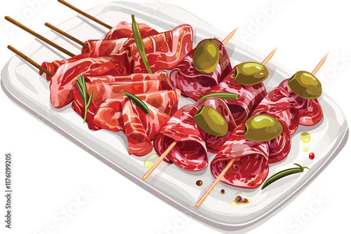 Platter of Spanish Tapas with Jamn Ibrico isolated illustration