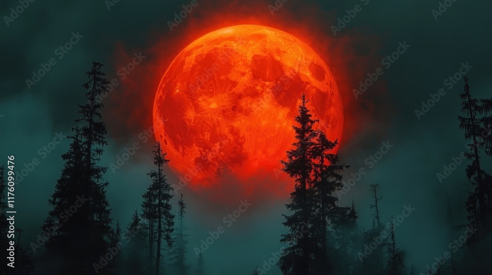 custom made wallpaper toronto digitalA dramatic red moon rises above dark, misty pine trees, creating an eerie atmosphere.