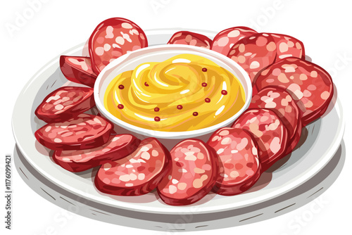 Smoky Kielbasa Slices with Mustard Dip isolated illustration