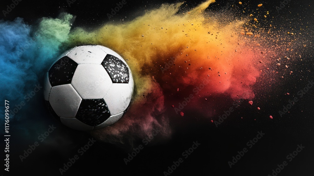 Naklejka premium Soccer Ball Exploding In A Colorful Cloud Of Dust