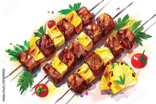 Sweet and Sour Pork Kebabs with Pineapple isolated illustration