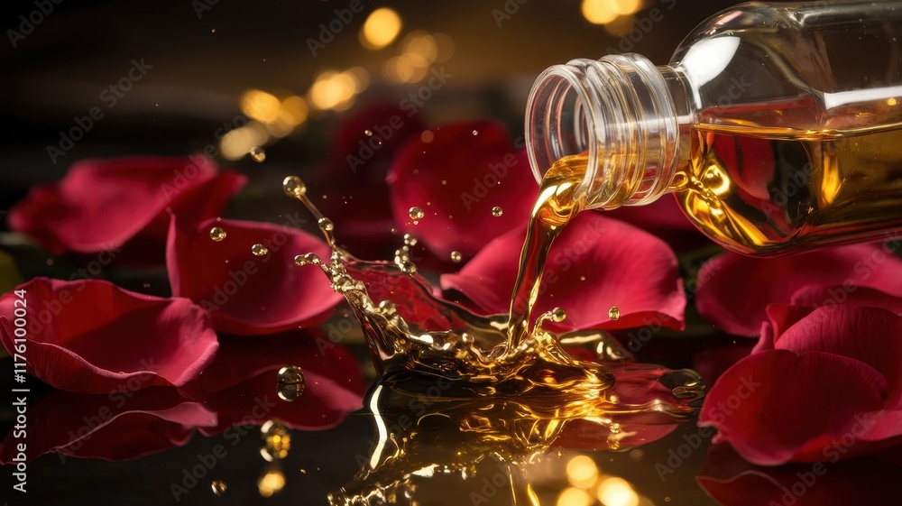 A close-up of a glass bottle pouring golden oil over delicate red rose petals, creating a serene and luxurious ambiance. A close-up of a glass bottle pouring golden oil over delicate red rose petals, creating a serene and luxurious ambiance.