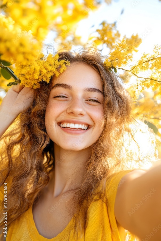 Fototapeta premium Young woman in mimosa, making selfie in mimosa, mimosa blooming, Mimosa Festival, Tanneron mimosa, south France mimosa