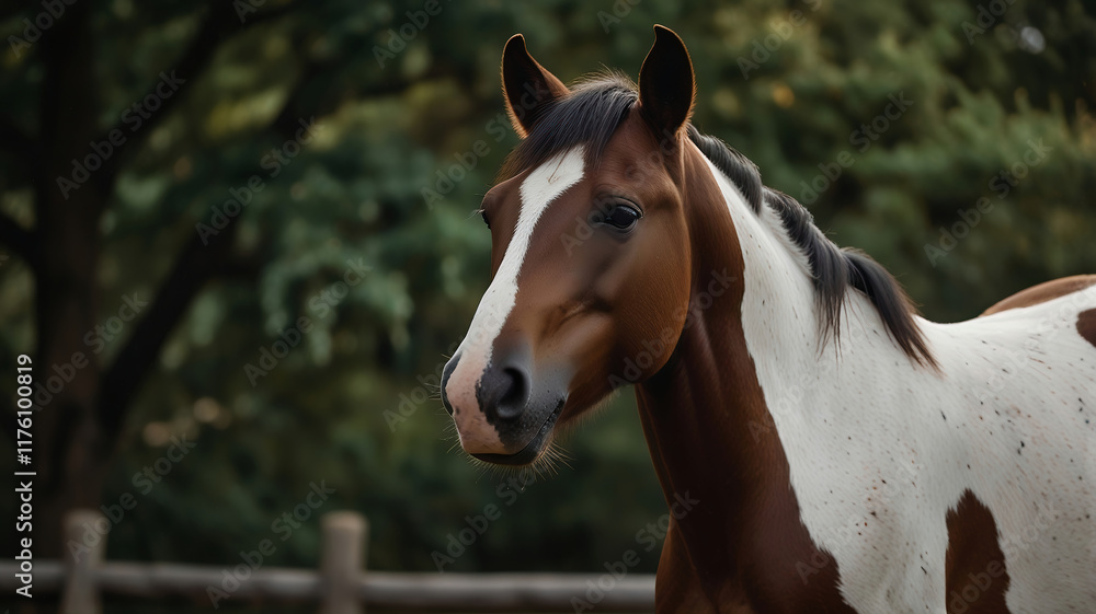 Naklejka premium Beautiful brown and white horse portrait on the farm