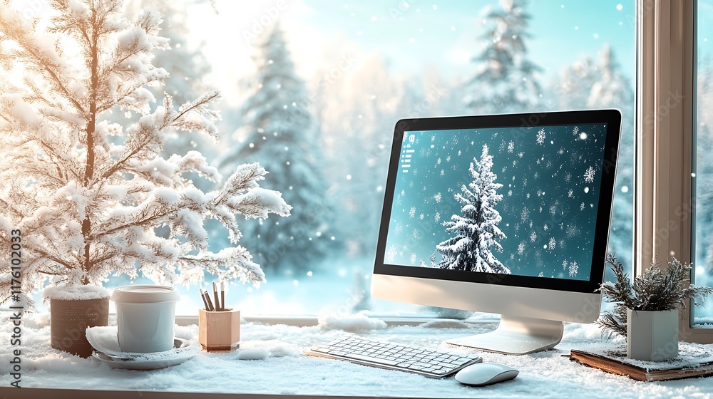 Fototapeta premium Winter workspace inspiration cozy office digital art snowy scene