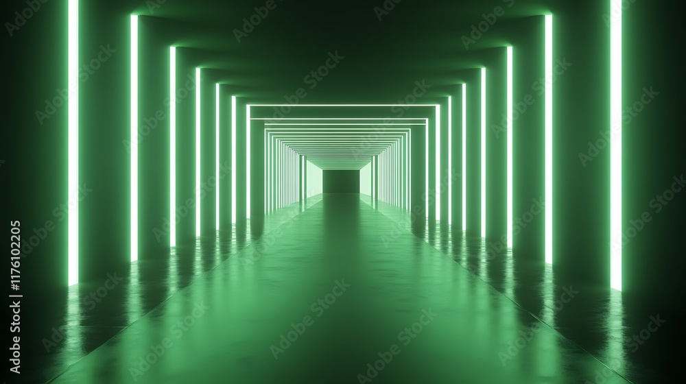 Fototapeta premium Green Neon Lights Illuminate Futuristic Corridor