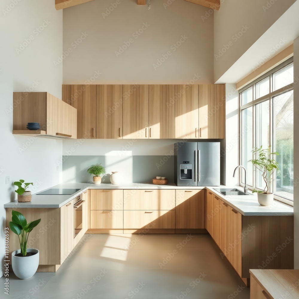 a modern and minimalist kitchen characterized by clean lines and a bright, airy atmosphere. Cabinetry. Countertop. Sink Area. Appliances. Natural Light. Flooring. Greenery.
a modern and minimalist kitchen characterized by clean lines and a bright, airy atmosphere. Cabinetry. Countertop. Sink Area. Appliances. Natural Light. Flooring. Greenery.
